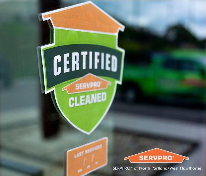 Certified: SERVPRO Cleaned sticker in window 